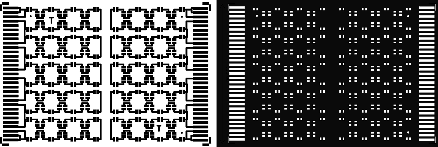 DPS z velikosti 80 x 60 mm na konečný dvojnásobný rozměr, tj. 120 x 80 mm. Rozhraní obou obrazců bylo doplněno v drážkou pro možné snadné oddělení obou motivů.