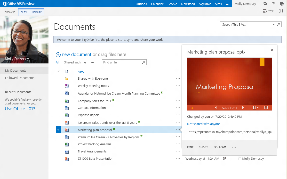 Pracovní smlouvy můžete sdílet ze služby SkyDrive Pro nebo týmových webů SharePoint a můžete