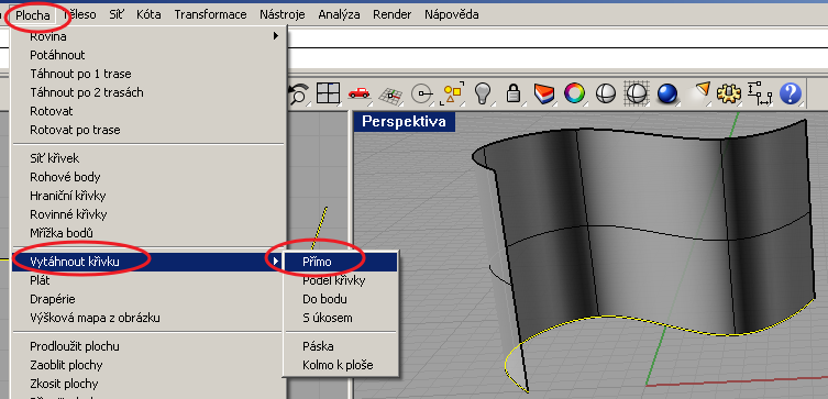 3. cvičení: Plochy Plocha z rovinné křivky, vytažená z křivky, vytvořená rotací a rotací po křivce. Plocha přechodová, potažená, tažená po 1 a 2 trasách, odsazená.