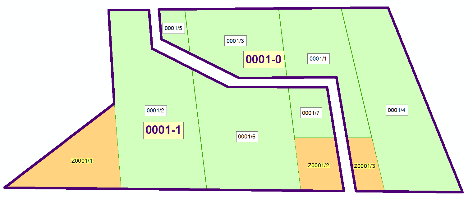 Obrázek 2- Půdní blok (fialově hranice a číslo) s díly (zeleně) a zbytkovými plochami (oranžově a číslo černě) Obrázek 3 - Půdní bloky po rozdělení (např. silnicí).