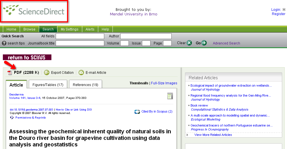 Pokud si vybereme článek z databáze ScienceDirect, Scirus nás přesměruje rovnou na jeho plný text v html, můžete si jej však otevřít i ve formátu pdf.