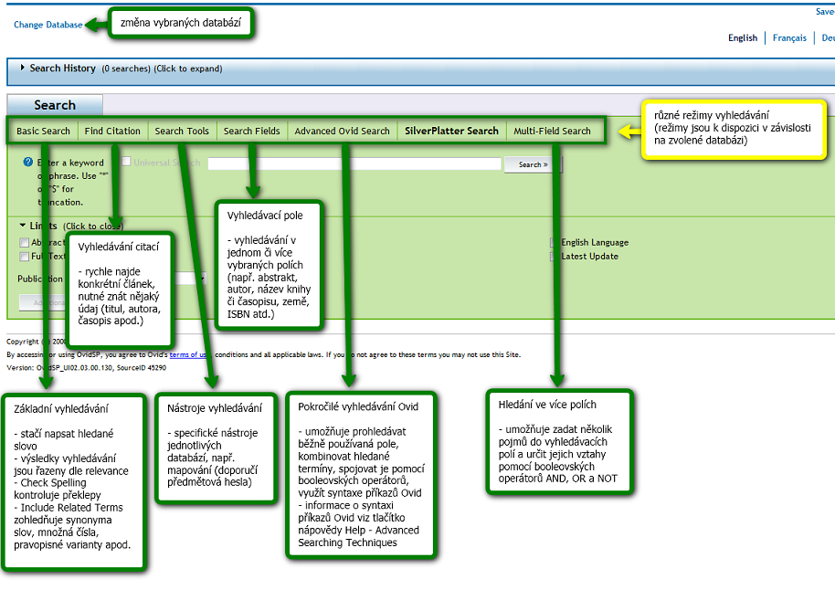 Platforma OvidSP nabízí různé režimy vyhledávání.