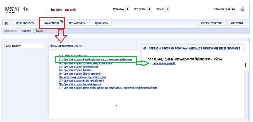 1.1.2 Založení projektu v IS KP14+ Po kliknutí na záložku Žadatel se zobrazí základní plocha s Moje projekty a novými záložkami Moje projekty; Nová žádost; Seznam výzev; Modul CBA.