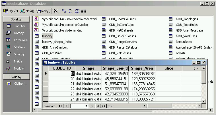 Geodatabáze implementace v ArcGIS ESRI: Personal Geodatabase relační databáze, která ukládá geografická data.