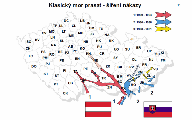 Klasický mor prasat poslední případ u černé zvěře v ČR v roce 1999, poslední sérologický nález v roce 2010 poslední ohnisko u domácích prasat v roce 1997 vakcinace je v ČR od roku 1992 zakázána