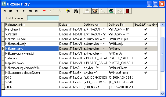 78 7.5 Uložené filtry Ukládání definicefiltru. V každé tabulce lze hledat pomocífiltru.