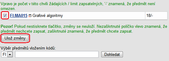 Dohledání předmětu: Potvrďte registraci zatrhnutím