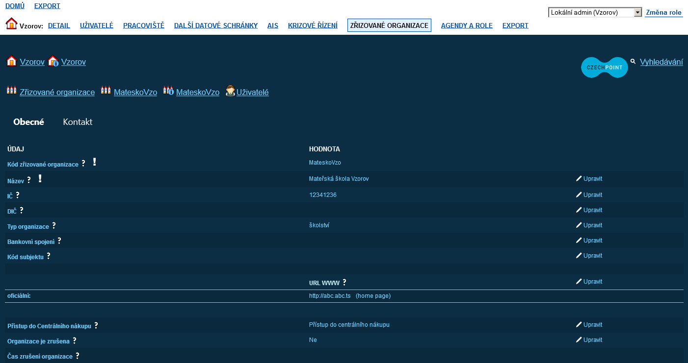 Zobrazí se obrazovka s údaji dané zřizované organizace: Údaj zřizované organizace změníte po kliknutí na odkaz Upravit v pravé části obrazovky.