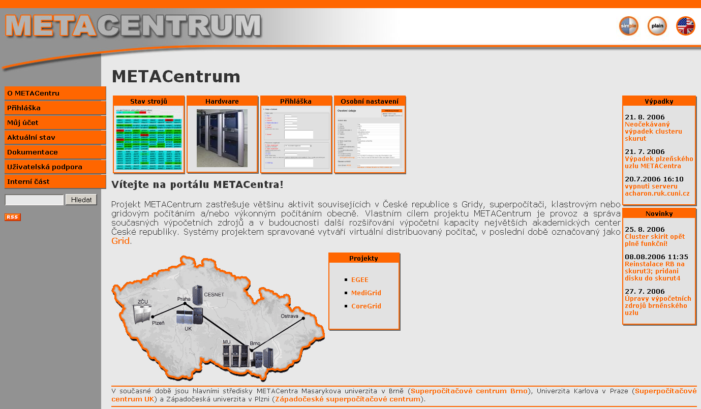 Organizace METACentrum Český národní gridový projekt Jednotné prostředí jedna přihláška, jeden účet, jednopřihlašovací jméno jednotná správa
