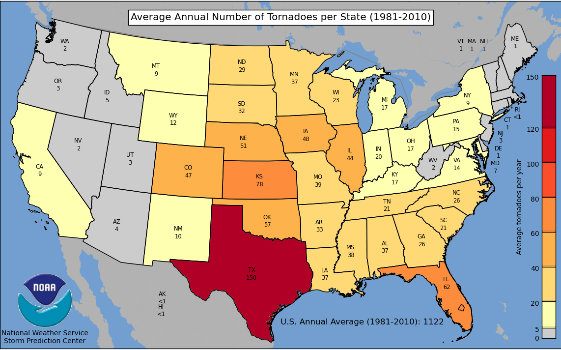 Obr. 6: Průměrný roční výskyt tornád ve státech USA v letech 1981-2010.