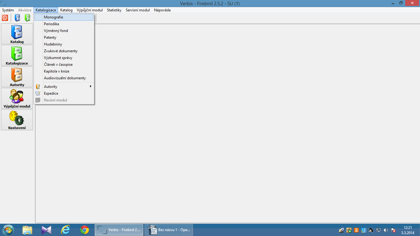 11 4 Jak zapisovat knihy z fondu obce do databáze 1. V programu Verbis klikneme na Katalogizace a pod tím na Monografie. 2.