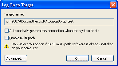 10. V okně iscsi Initiator Properties (Vlastnosti iscsi iniciátoru), zvolte záložku Targets (Cílové disky). Označte iscsi cílový disk a klikněte na tlačítko Log On (Připojit se).