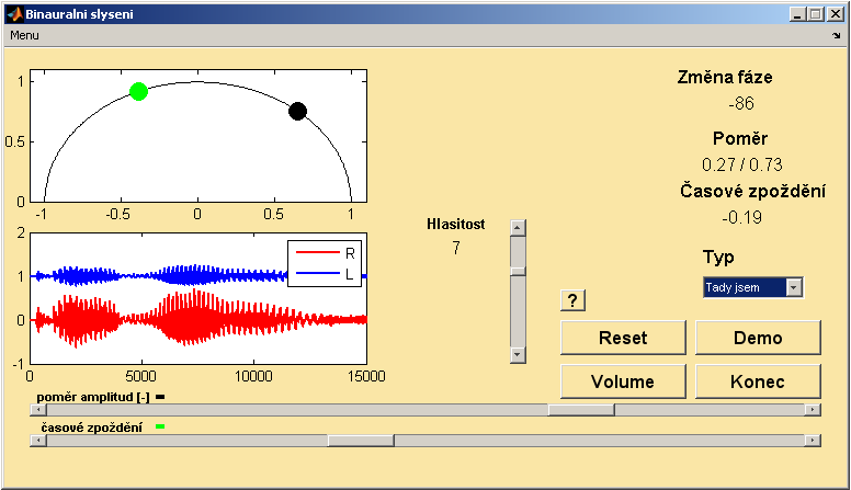 Obrázek 3: Uživatelské rozhraní programu pro demonstraci vlivu ILD (intenzitní rozdíly) a ITD (časové rozdíly) na lateralizaci zdroje zvuku.