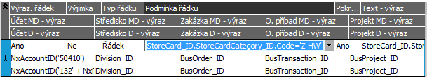 Příklad uživatelsky upraveného řádku předkontace. Podmínka je upravena na kód 'Z-HW' a účet MD je nastaven přímo na účet 50410.