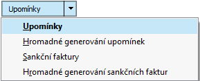 Jedná se o funkční tlačítko s volbou. Podrobněji viz help, popis funkce Upomínky v kap. Faktury vydané - záložka Seznam.