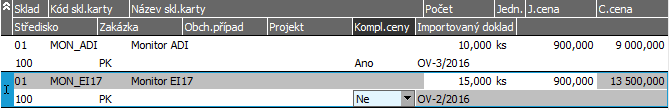 Příklad řádků příjemky. ABRA vzhled modrý. Řádek 1 je importován z OV-2/2016, řádek 2 a 3 pak z OV- 3/2016.