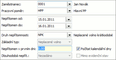 9.11 ZADÁNÍ NEPŘÍTOMNOSTÍ Předvedli jsme si zadání nemocenské dávky a obdobně si můžeme zadat nepřítomnost. Jak bylo zmíněno v kap.