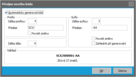 Zadání struktury kódu pro generování kódů sériových čísel k editované skladové kartě v dialogovém okně, které se zobrazí po stisku tlačítka. ABRA vzhled modrý.