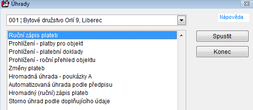 Záložka Úhrady Platby různé hromadné ruční platby, storna Převod předpisu jednou za měsíc se provede převod, který vytvoří