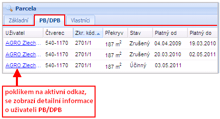 Na záložce Základní se zobrazuje: název a kód katastrálního území číslo LV číslo parcely druh evidence výměra parcely Obrázek 26 Záložka "Základní" Záložka PB/DPB obsahuje informace o uživateli