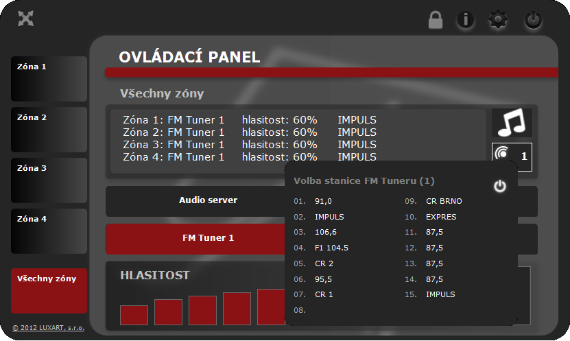 Ovládání duálního FM tuneru po IP, integrované do ovládacího panelu Do aplikace je integrována možnost ovládání FM tuneru pomocí IP.