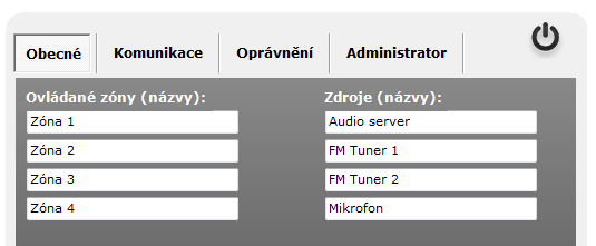 Základní nastavení Obecné Mezi základní uživatelské nastavení patří pojmenování jednotlivých zón a vstupů audio signálu. To najdete v nastavení pod záložkou Obecné.