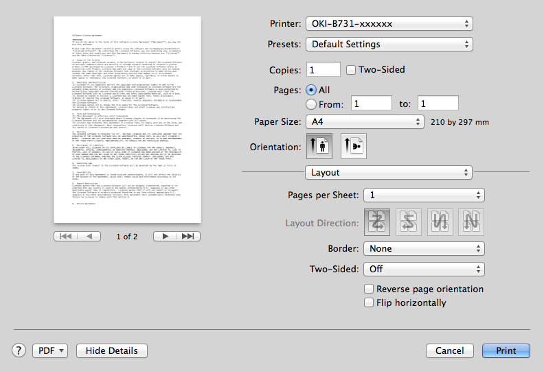 tiskových funkcí Ovladač tiskárny pro operační systém Mac OS X Panel [Cover Page (Cover Page)] 1 Panel [Funkce tiskárny (Printer Features)] Sady funkcí Nastavuje různé funkce.