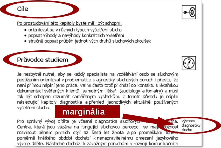 Obrázek 2: Struktura opory a přechodu (využití marginálie) mezi jednotlivými části v systému LMS Unifor Jak napsat marginálii ve Wordu?