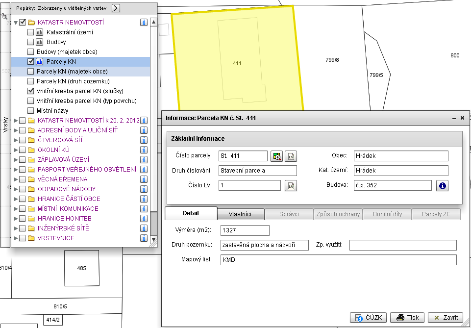 25 16.1.2. Informace o parcele 1. Označíme jako aktivní vrstvu Parcely KN 2. Vybereme nástroj 3. Klikneme do mapy na příslušnou parcelu 4. Objeví se podrobná informace parcele o 5.