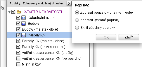 9 5. Zobrazení popisků 5.1. Zobrazení popisků - jednotlivě 1. Klikneme na ikonku před názvem vrstvy 2. Otevře se okno s názvem popisků a polem k zatržení 3.