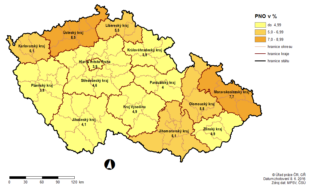 Podíl nezaměstnaných osob (PNO) na počtu obyvatel v krajích ČR k 31.