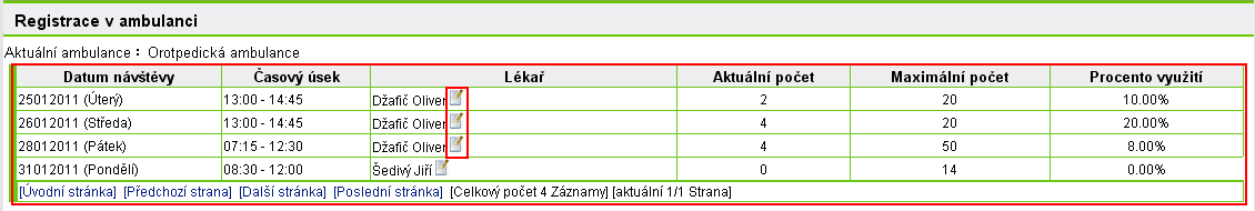 Níže je detail procesu: Obr. 2.3-2 Seznam ambulancí Ambulance jsou rozděleny podle typů.