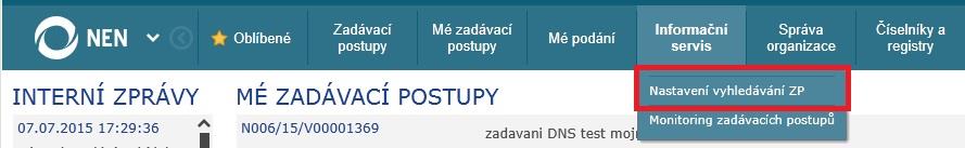 4.2 INFORMAČNÍ SERVIS Informační servis slouží dodavateli pro vyhledávání zadávacích postupů zahájených v NEN dle vlastních parametrů. Funkcionalita je přístupná pouze pro registrované dodavatele. 4.