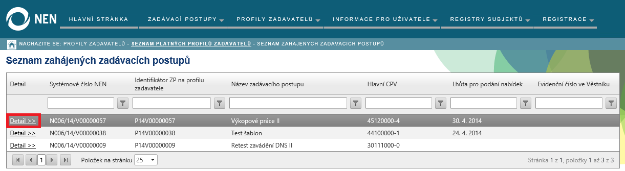 Obrázek 23 Zobrazení seznamu zadávacích postupů z profilu zadavatele 4.