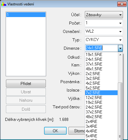 Kabely elektroinstalací (elektroinstalace) Výrazné rozšíření databáze nabízených kabelů (označení, dimenze), kde jsme vycházeli z nabízeného sortimentu výrobce PRAKAB.