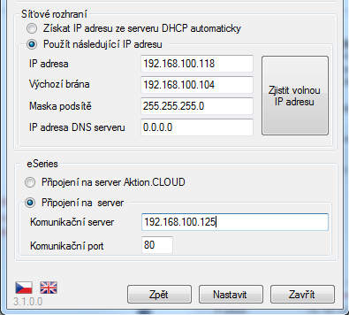 Varianta 1 - nastavení na ebox a s automatickým (DHCP) přidělením adresy Zvolte volbu DHCP a snímače získají adresu přidělenou automaticky podle síťového DHCP serveru Zadejte IP komunikačního serveru