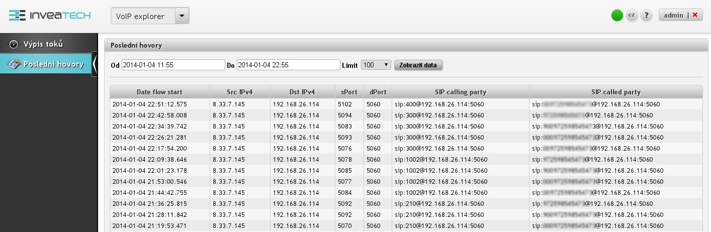 5. Programové vybavení kolektoru Obrázek 5.3: VoIP Explorer výpis toků. 5.3.2 Poslední hovory Ke každému telefonnímu hovoru se váže vždy několik toků.