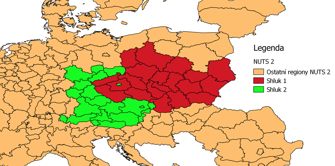 Obrázek 8: Mapa vytvořených shluků z regionů NUTS 2 Zdroj: vlastní zpracování Pokud bych vytvořila shluky dva, jeden shluk by tvořily všechny regiony ze Slovenska kromě SK01, všechny regiony z Polska