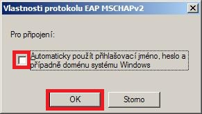 10. Ve vlastnostech protokolu EAP MSCHAPv2 nevybereme Automaticky používat jméno a heslo... - pokud je vybráno, tak jej zrušíme dle obrázku. 11.