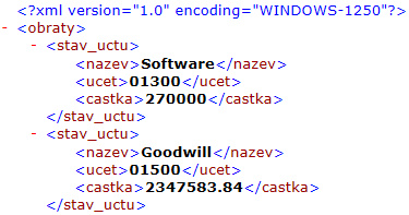 4.2 XML soubor a) verze XML souboru, kde je účet <ucet> a částka <castkamd>/<castkad> podřízeným elementem nadřízeného