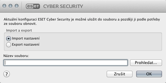 12. Různé 12.1 Import a export nastavení Pro importování nebo exportování konfigurace ESET Cyber Security přejděte v hlavním okně na záložku Nastavení a klikněte na možnost Import a export nastavení.