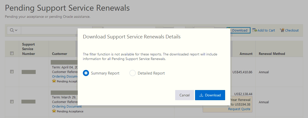 Klikněte na možnost Download (Stáhnout) ke stažení ve formátu Summary Report (Souhrnná sestava) nebo Detailed Report (Podrobná sestava).