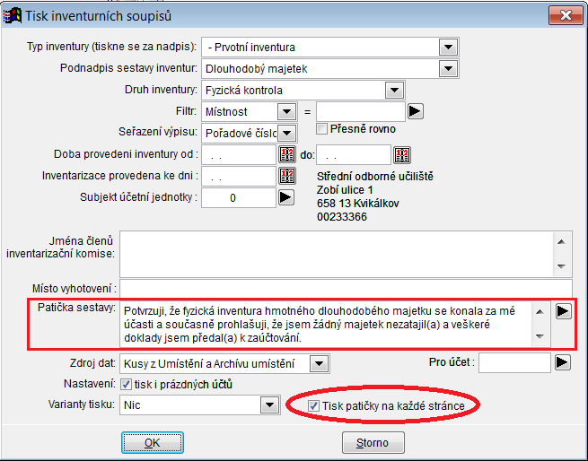 Vylepšení tiskové sestavy Inventární soupisy Pro sestavu Inventární soupisy z tabulky Majetek lze pro tisk patičky sestavy použít variantu, kdy se