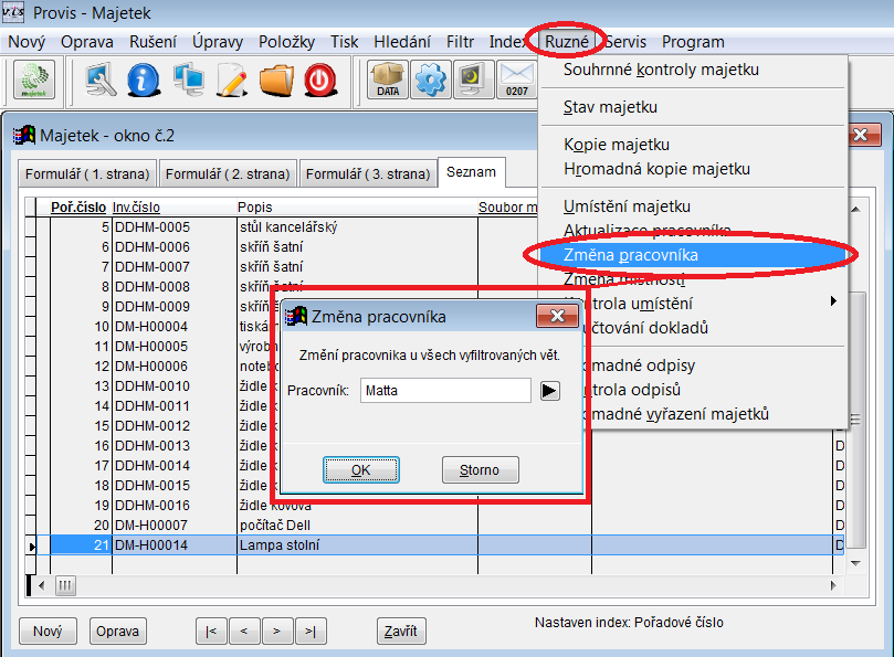 Změna pracovníka ve vybraných majetcích Nová funkce programu, pomocí níž můžeme snadno vyměnit osobu vyplněnou na kartě majetku v položce Zodpovědný pracovník.