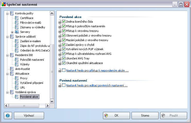 za účelem snížení nároků na přenos dat. 10.1.4.Povolené akce Povolené akce jsou položky, které lze uživateli na stanici povolit nebo zakázat používat. Nastavení lze měnit z AVG Admin Konzole.
