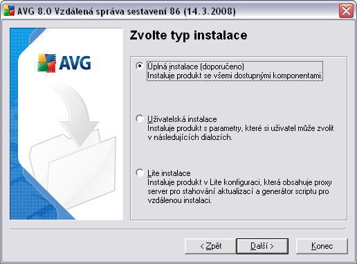 2.5. Typ instalace V tomto dialogu zvolte, který typ Vzdálené správy si přejete nainstalovat. Máte následující možnosti: Úplná instalace Doporučená volba. Nainstaluje všechny dostupné komponenty.