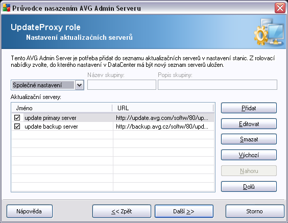 K dispozici jsou dále následující tlačítka: Upravit - slouží pro změnu adresy či jména vybraného serveru. Vymazat - pro smazání vybrané adresy serveru. Servery jsou seřazeny dle priority.