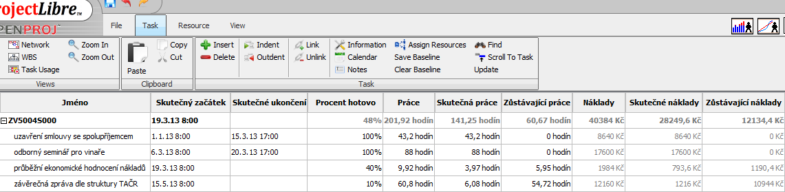 Obrázek 29 Kontrola v programu OpenProj Obrázek 30 Kontrola v programu MS Project S kontrolou projektu také souvisí skutečnost, že společnost MemBrain žádala u projektu Víno v průběhu jeho realizace