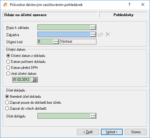 13. Tlačítko Vpřed. Zde se nastaví, jaký popis účetní operace se nastaví do položky účel dokladu a zda tento popis bude zapsán do dokladů bez účelu nebo do všech dokladů.