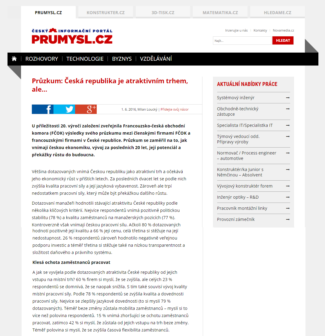 Průmysl.cz Průzkum: Česká republika je atraktivním trhem, ale / Sondage: La RT est un marché attractif, mais 1. 6.